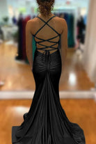 Barrie | Mermaid Spaghetti Straps Blue Satin Long Prom Dress with Criss Cross Back - KissProm