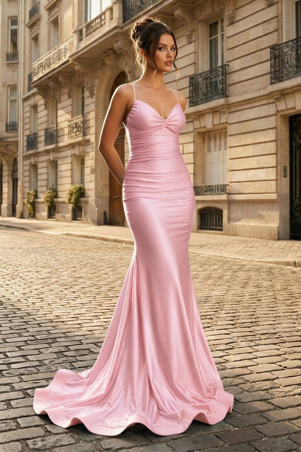 Mermaid Spaghetti Straps Blue Satin Long Prom Dress with Criss Cross Back Pink / 18 Mermaid Spaghetti Straps Blue Satin Long Prom Dress with Criss Cross Back Pink / 18