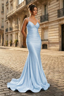 Mermaid Spaghetti Straps Blue Satin Long Prom Dress with Criss Cross Back - KissProm