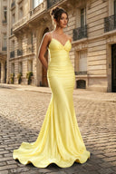 Mermaid Spaghetti Straps Blue Satin Long Prom Dress with Criss Cross Back - KissProm