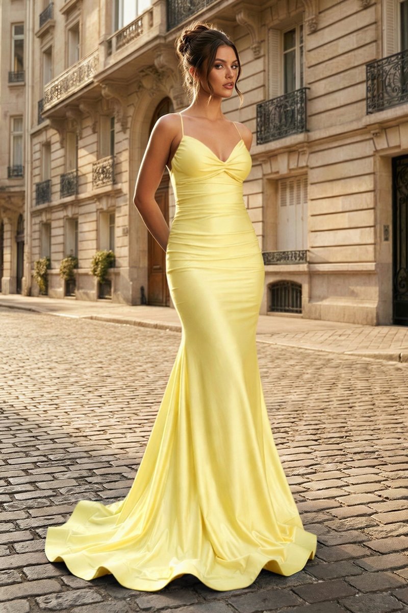 strapless open back dress Mermaid Spaghetti Straps Blue Satin Long Prom Dress with Criss Cross B