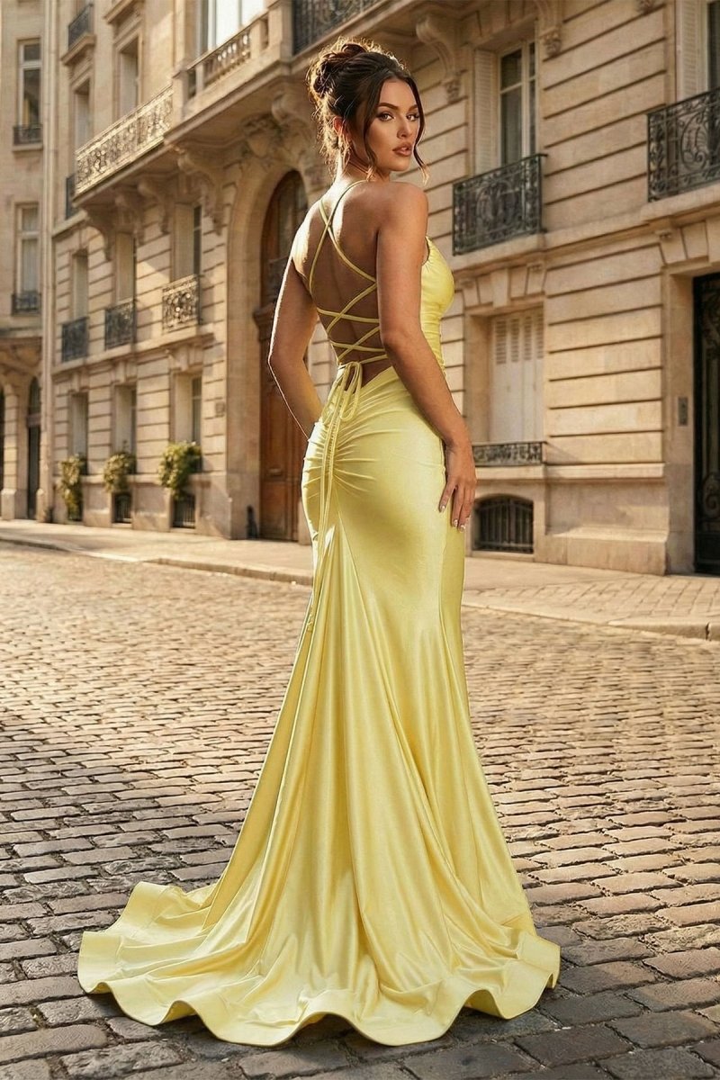 strapless open back dress Mermaid Spaghetti Straps Blue Satin Long Prom Dress with Criss Cross B