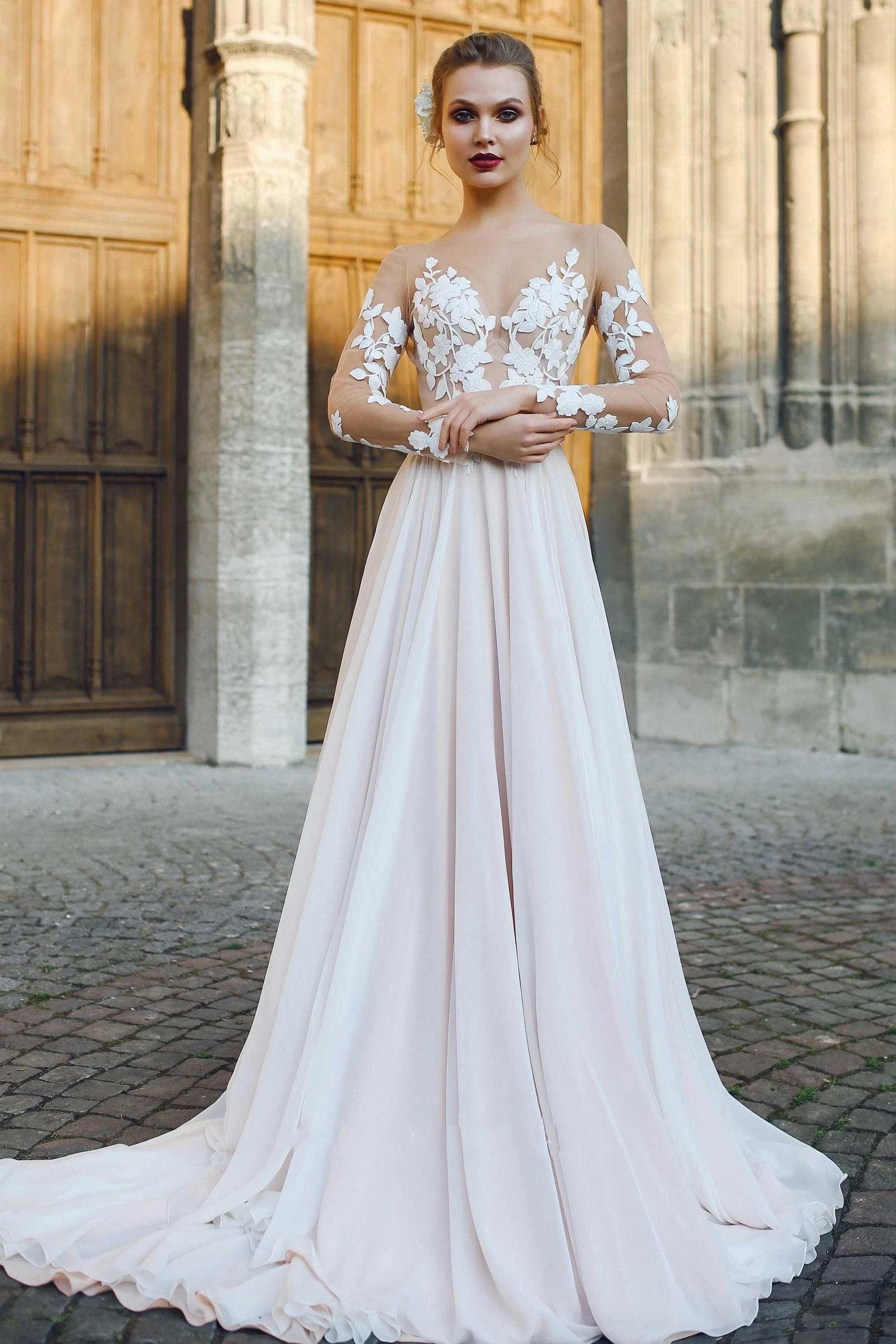 Bateau Illusion Long Sleeve Appliqued A-Line Chiffon Wedding Dress