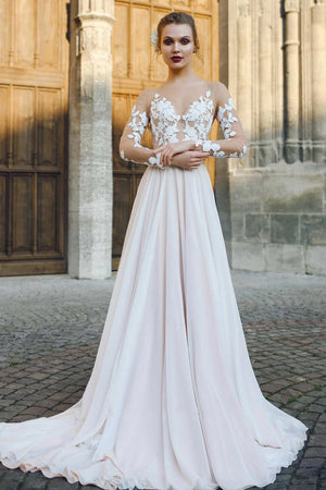 fitted lace wedding dress Bateau Illusion Long Sleeve Appliqued A-Line Chiffon Wedding Dress Champagne / 8