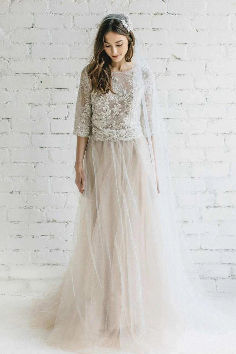 Bateau Lace Half Sleeve A-Line Tulle Dress With Low-V Back