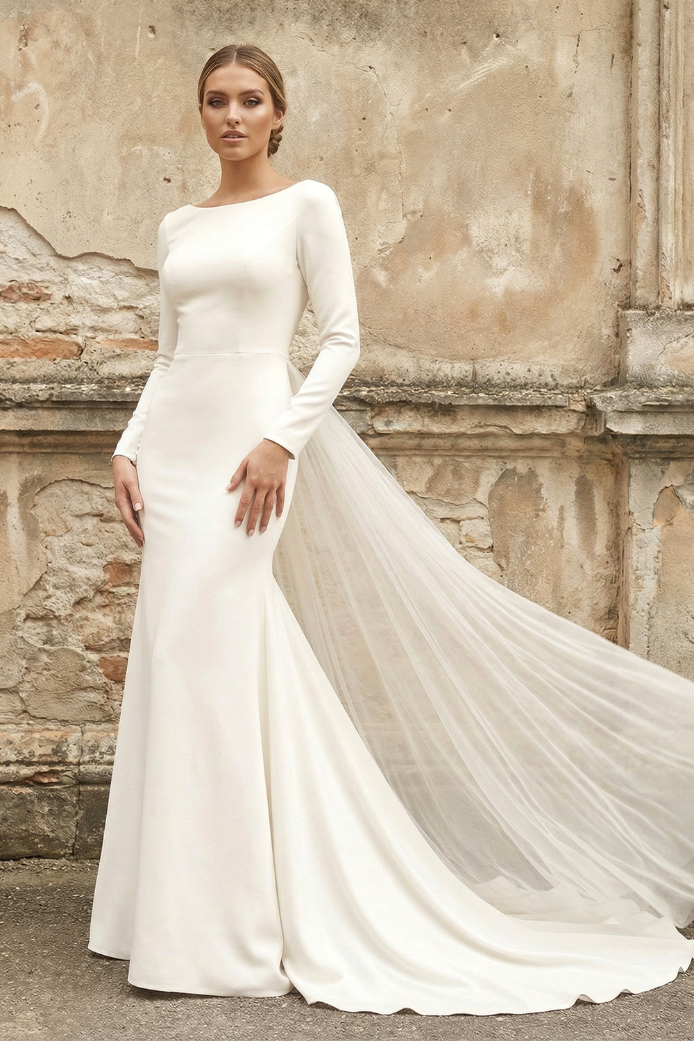 Simple Chiffon Sheath Bateau-neck Deep-V Back Bridal Gown with Chapel Train – Wedding Dresses by KissProm | Available at KissProm