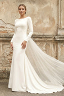 Simple Chiffon Sheath Bateau-neck Deep-V Back Bridal Gown with Chapel Train – Wedding Dresses by KissProm | Available at KissProm