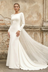 Simple Chiffon Sheath Bateau-neck Deep-V Back Bridal Gown with Chapel Train – Wedding Dresses by KissProm | Available at KissProm