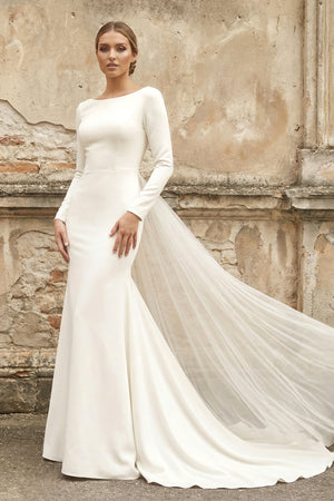 Simple Chiffon Sheath Bateau-neck Deep-V Back Bridal Gown with Chapel Train – Wedding Dresses by KissProm | Available at KissProm
