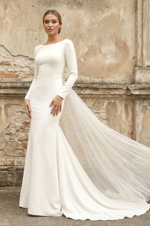 Simple Chiffon Sheath Bateau-neck Deep-V Back Bridal Gown with Chapel Train – Wedding Dresses by KissProm | Available at KissProm