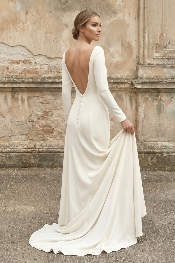 Simple Chiffon Sheath Bateau-neck Deep-V Back Bridal Gown with Chapel Train – Wedding Dresses by KissProm | Available at KissProm