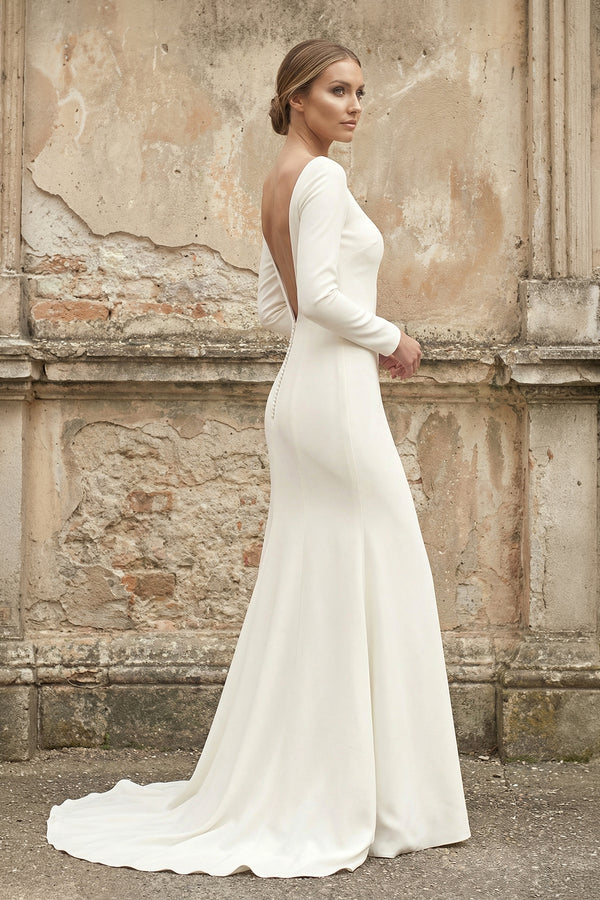Simple Chiffon Sheath Bateau-neck Deep-V Back Bridal Gown with Chapel Train – Wedding Dresses by KissProm | Available at KissProm