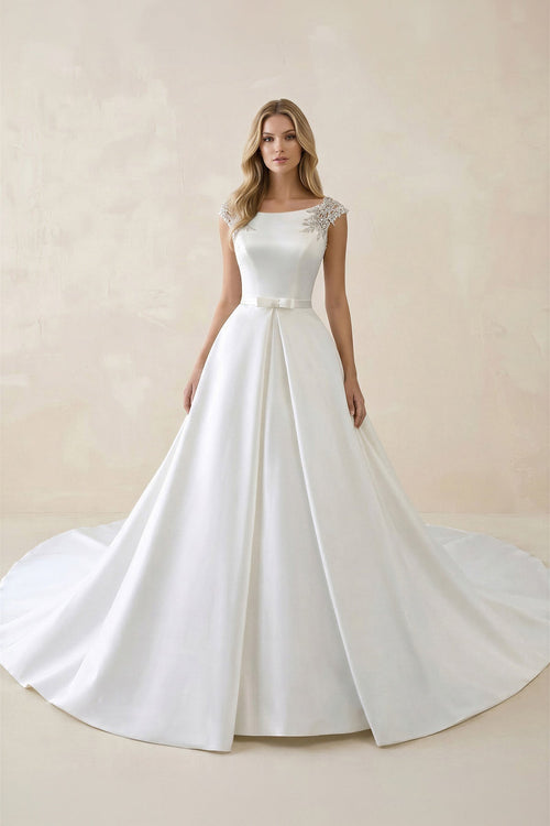 Bateau Neck A - Line Satin Ruched Wedding Dress in White - KissProm Wedding Dresses