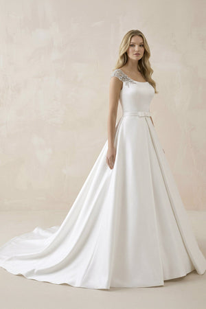 Bateau Neck A - Line Satin Ruched Wedding Dress in White - KissProm Wedding Dresses