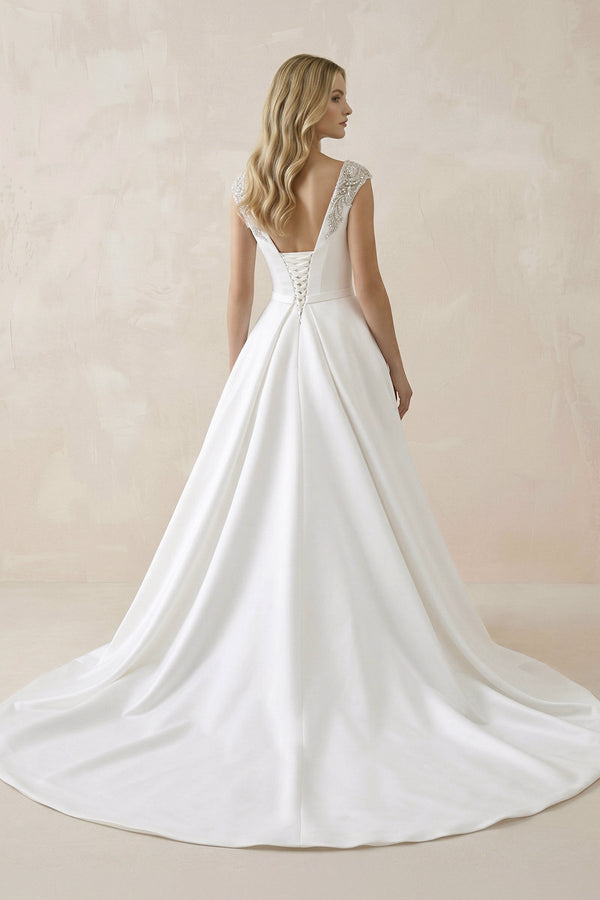 Bateau Neck A - Line Satin Ruched Wedding Dress in White - KissProm Wedding Dresses