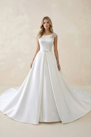 White Satin Cap Sleeve Lace-Up Wedding Dress With Pearls – Wedding Dresses by KissProm | Available at KissProm