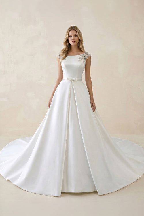 White Satin Cap Sleeve Lace-Up Wedding Dress With Pearls – Wedding Dresses by KissProm | Available at KissProm