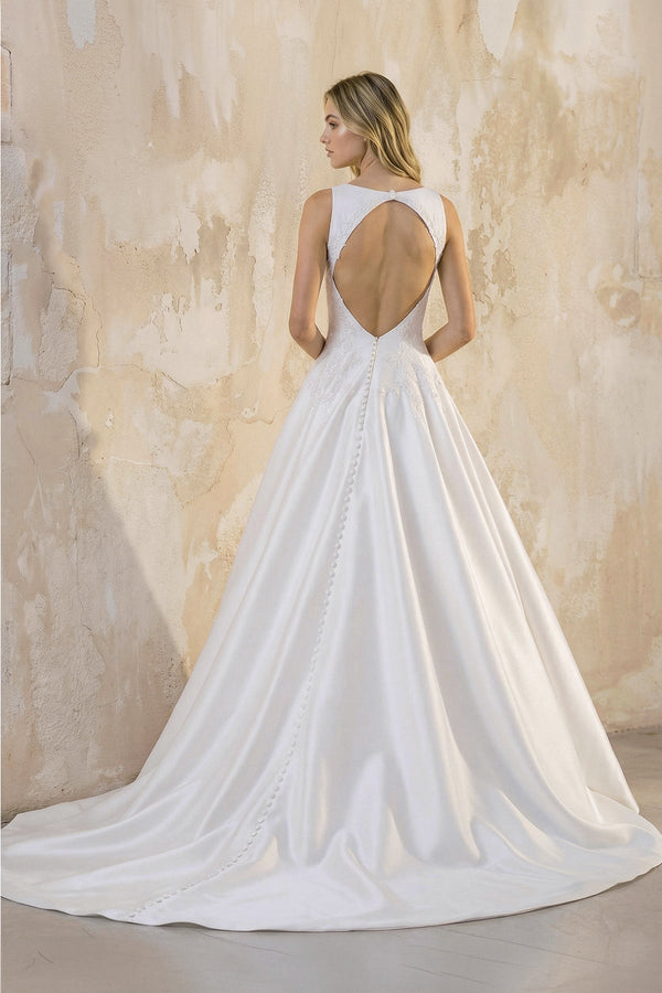KissProm Bateau Neck A-Line Satin Wedding Dress With Keyhole in White, White / 18