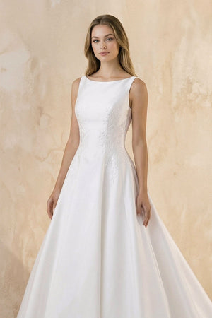 Bateau Neck A - Line Satin Wedding Dress With Keyhole in White - KissProm Wedding Dresses