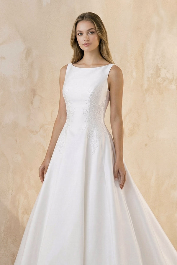 Bateau Neck A - Line Satin Wedding Dress With Keyhole in White - KissProm Wedding Dresses