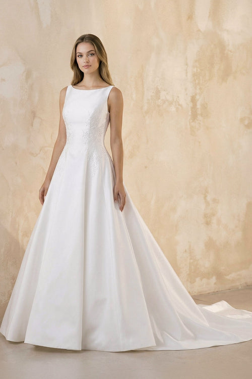 Bateau Neck A - Line Satin Wedding Dress With Keyhole in White - KissProm Wedding Dresses