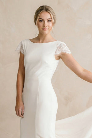Bateau Neck Lace Cap Sleeve Sheath Satin Chiffon Dress With Cowl Back– Wedding Dresses by KissProm | Available at KissProm