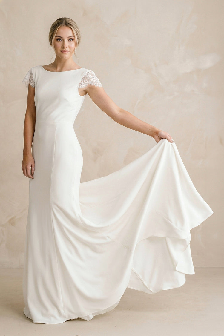 KissProm Bateau Neck Lace Cap Sleeve Mermaid Satin Chiffon Dress With Cowl Back, Diamond White / 12