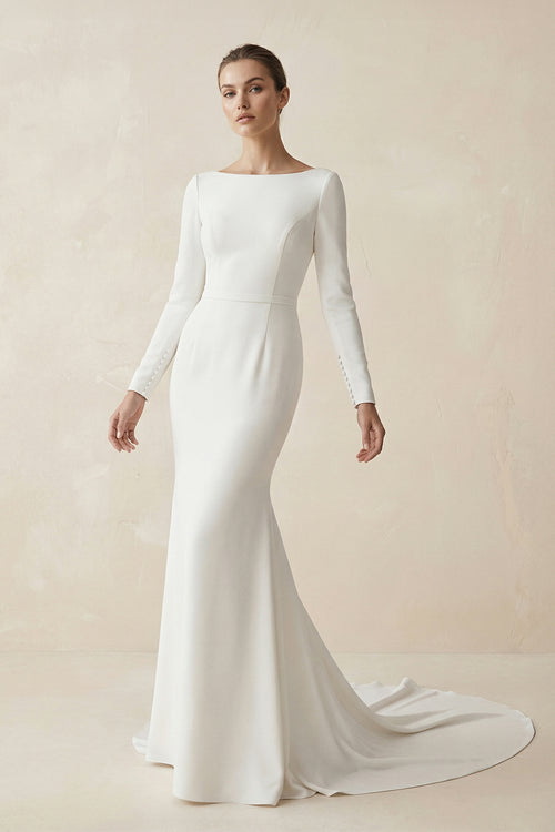 Mermaid Scoop Neck V Back Satin Wedding Dress – Wedding Dresses by KissProm | Available at KissProm