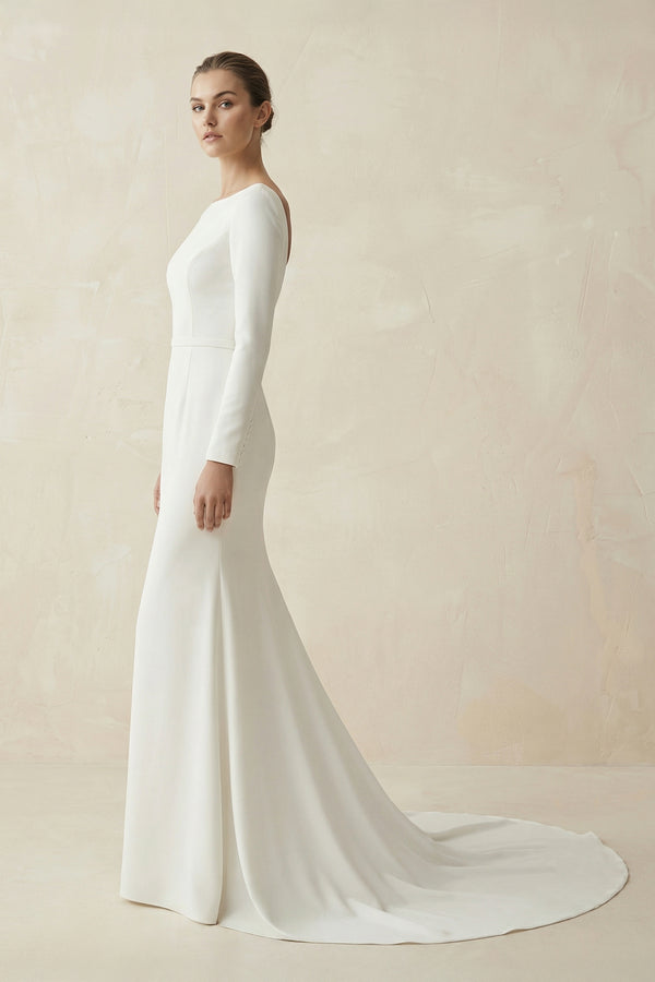 Mermaid Scoop Neck V Back Satin Wedding Dress – Wedding Dresses by KissProm | Available at KissProm
