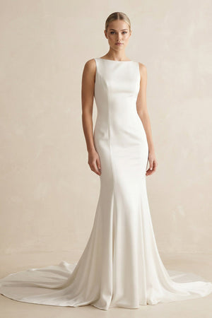 Bateau Neck Mermaid Satin Wedding Dress With Bow in White - KissProm Wedding Dresses