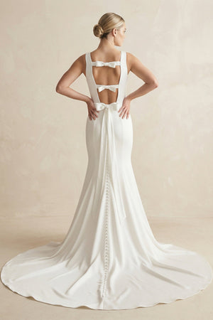 Bateau Neck Mermaid Satin Wedding Dress With Bow in White - KissProm Wedding Dresses