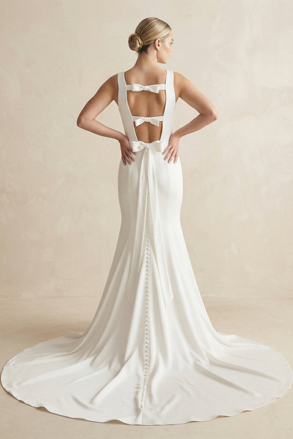 Bateau Neck Mermaid Satin Wedding Dress With Bow in White - KissProm Wedding Dresses