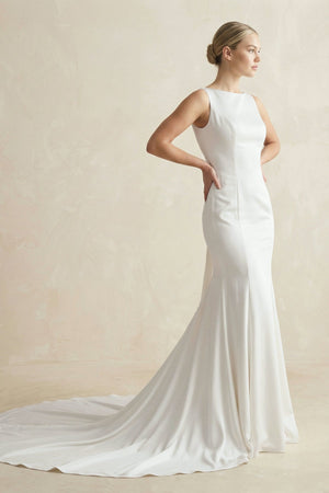 Bateau Neck Mermaid Satin Wedding Dress With Bow in White - KissProm Wedding Dresses