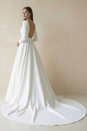 White Vintage A-Line Long Satin Bateau-Neck Wedding Dress – Wedding Dresses by KissProm | Available at KissProm