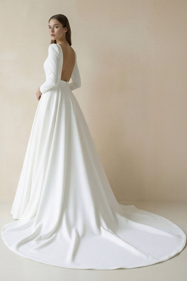 White Vintage A-Line Long Satin Bateau-Neck Wedding Dress – Wedding Dresses by KissProm | Available at KissProm