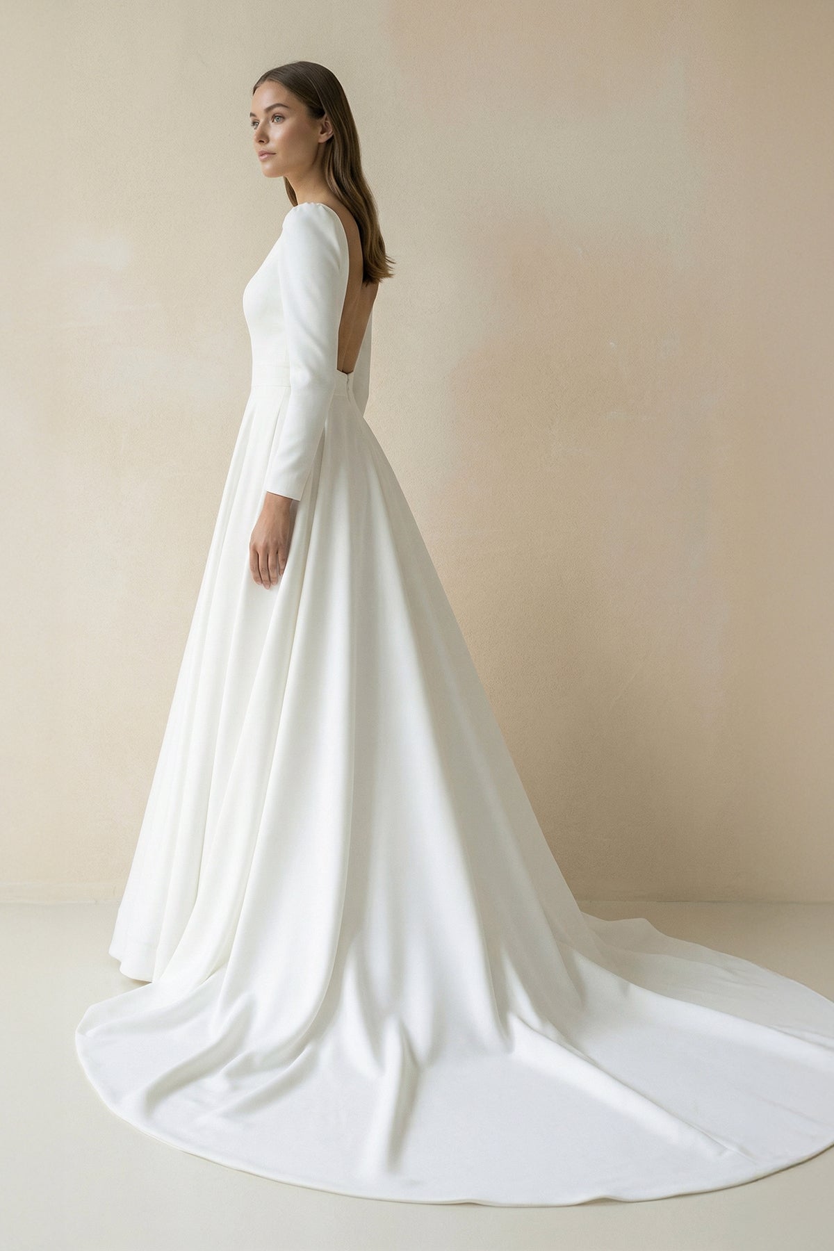 White Vintage A-Line Long Satin Bateau-Neck Wedding Dress, White / 8 White Vintage A-Line Long Satin Bateau-Neck Wedding Dress, White / 8