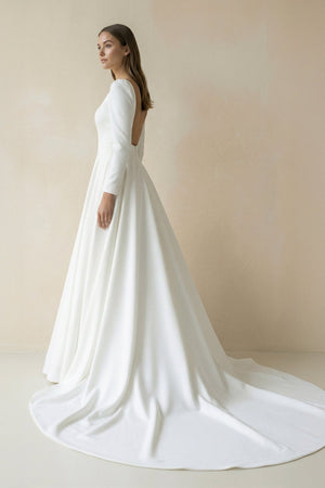 White Vintage A-Line Long Satin Bateau-Neck Wedding Dress – Wedding Dresses by KissProm | Available at KissProm