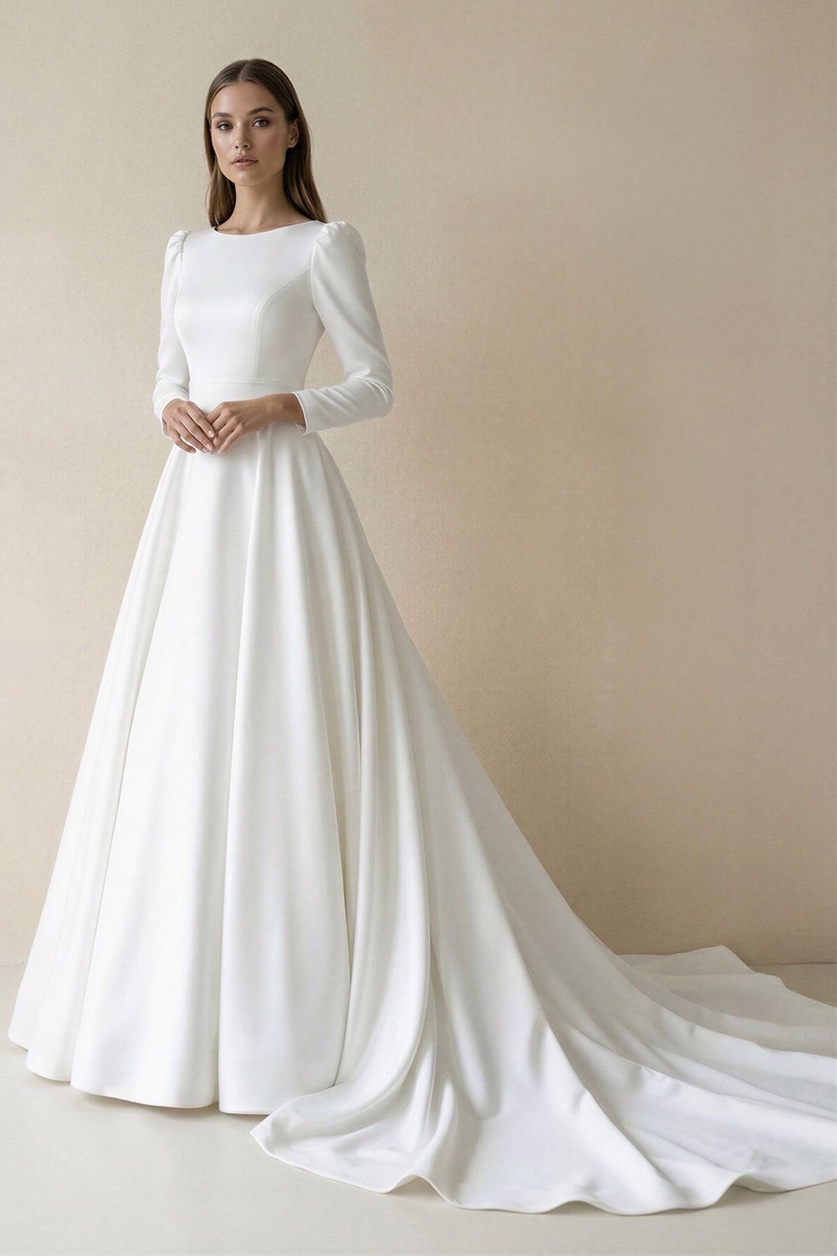 KissProm White Vintage A-Line Long Satin Bateau-Neck Wedding Dress, White / 8