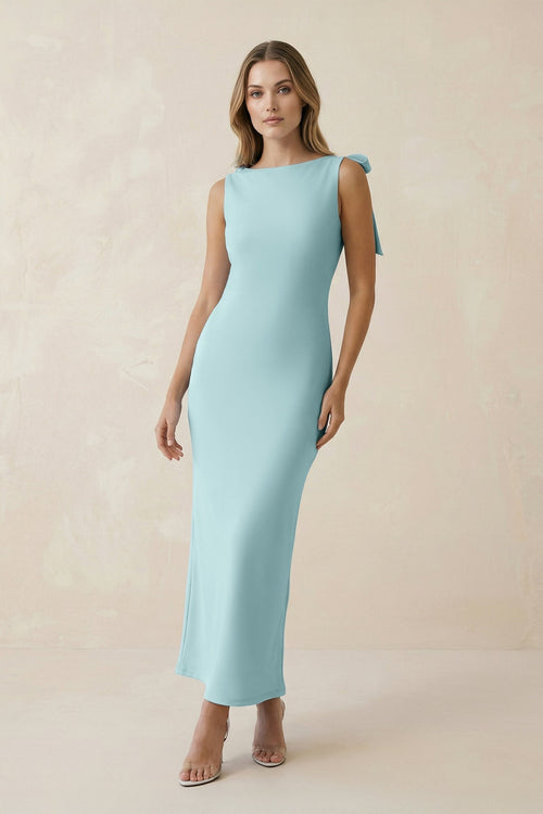 KissProm Bateau Neck Sheath Satin Midi Bridesmaid Dress With Bow in Bleached Aqua, Bleached Aqua / 28
