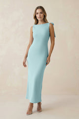 Bateau Neck Sheath Midi Bridesmaid Dress With Bow in Bleached Aqua - KissProm Bridesmaid Dresses