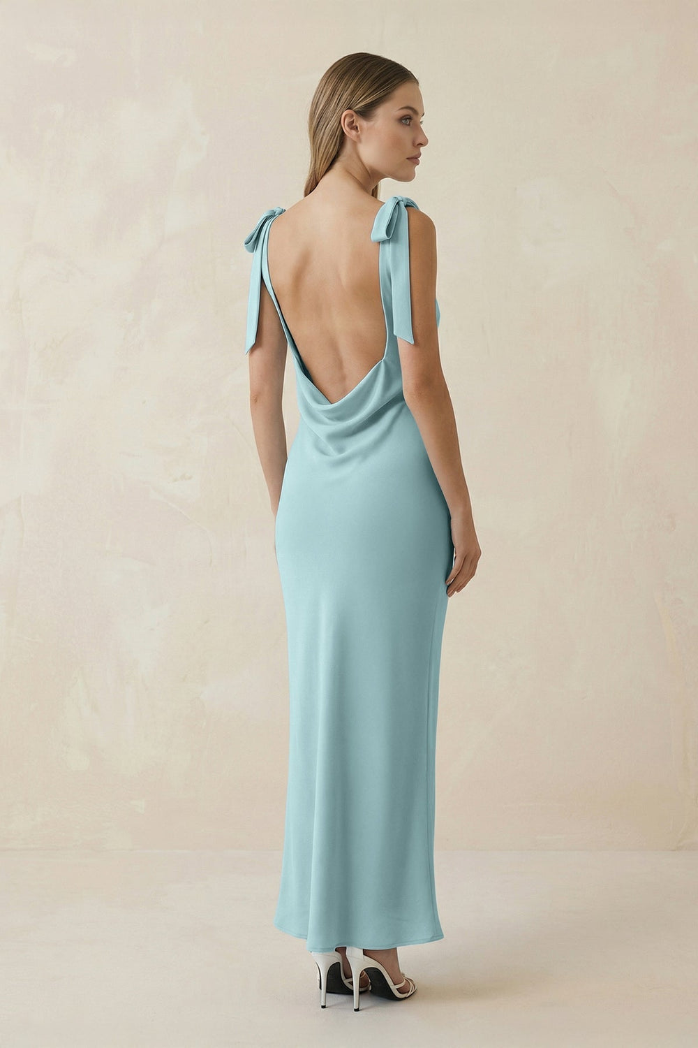 Bateau Neck Sheath Midi Bridesmaid Dress With Bow in Bleached Aqua - KissProm Bridesmaid Dresses