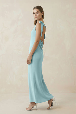 Bateau Neck Sheath Midi Bridesmaid Dress With Bow in Bleached Aqua - KissProm Bridesmaid Dresses