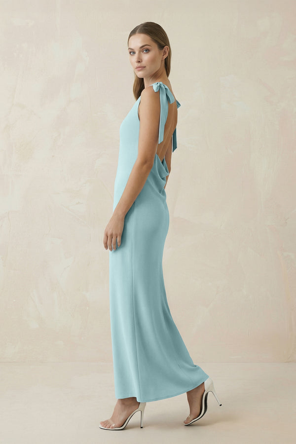 Bateau Neck Sheath Midi Bridesmaid Dress With Bow in Bleached Aqua - KissProm Bridesmaid Dresses
