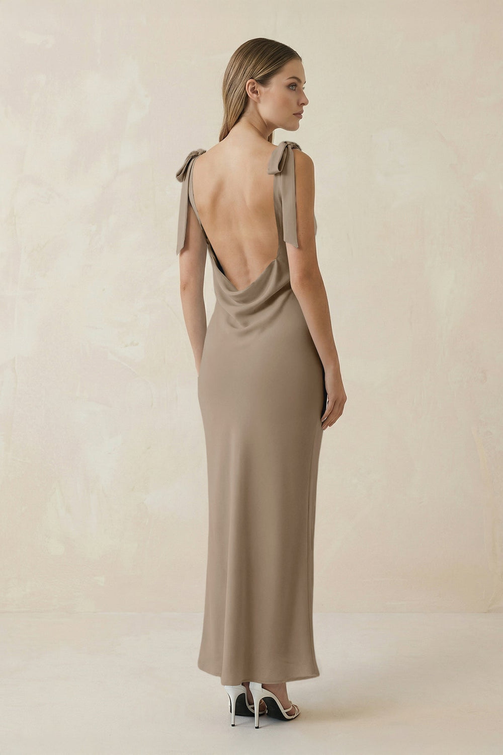 Bateau Neck Sheath Satin Midi Bridesmaid Dress With Bow in Almond - KissProm Bridesmaid Dresses