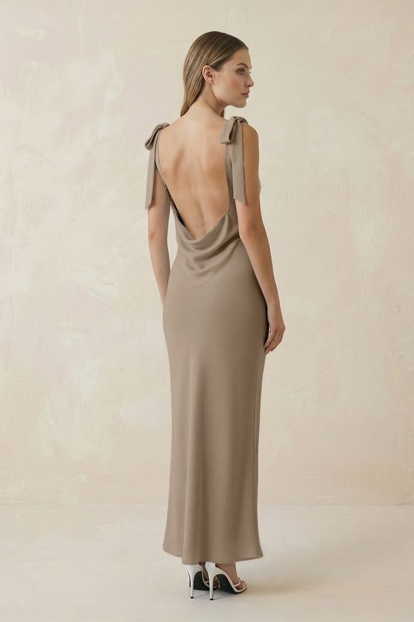 Bateau Neck Sheath Satin Midi Bridesmaid Dress With Bow in Almond - KissProm Bridesmaid Dresses