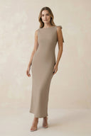Bateau Neck Sheath Satin Midi Bridesmaid Dress With Bow in Almond - KissProm Bridesmaid Dresses