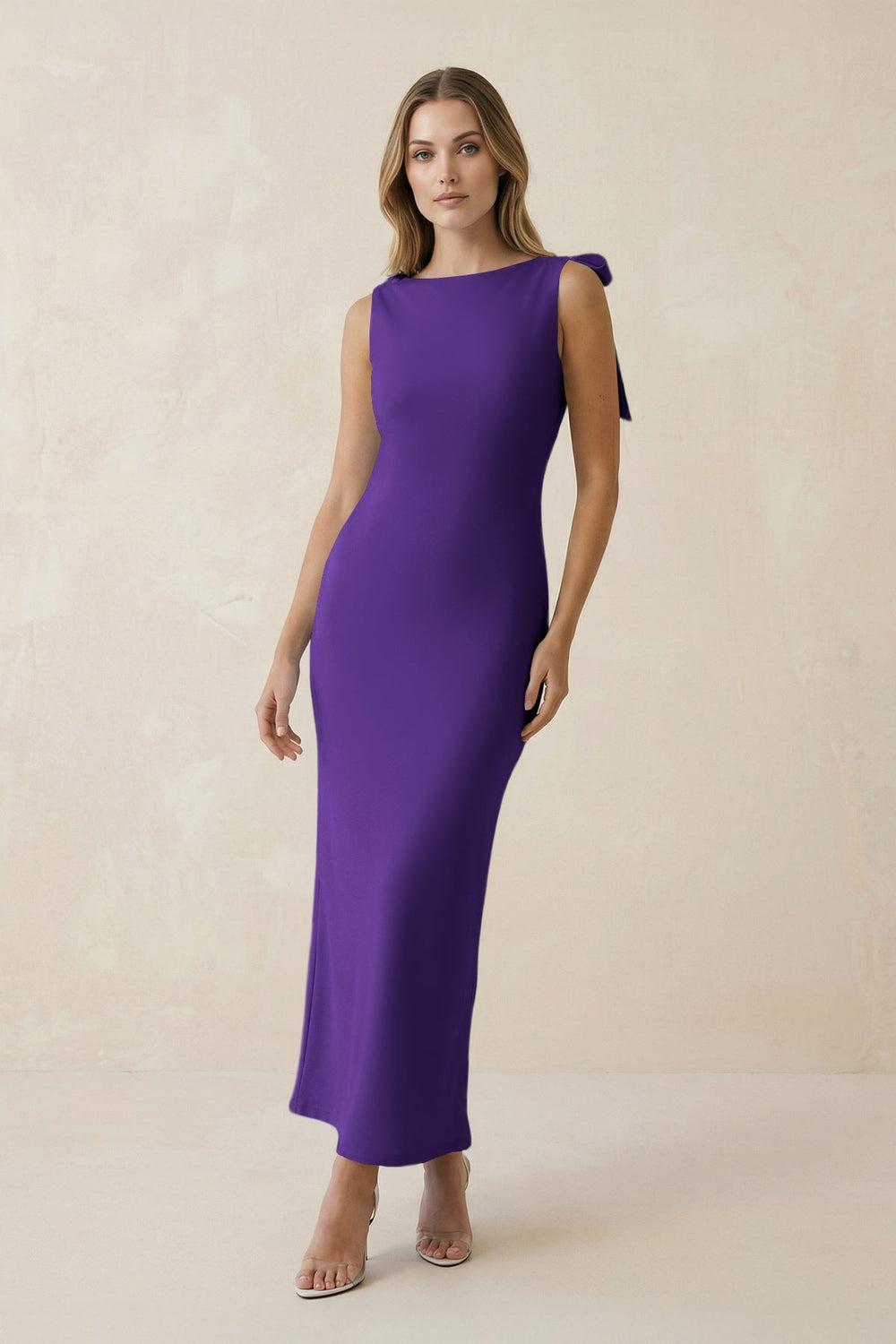Bateau Neck Sheath Satin Midi Bridesmaid Dress With Bow in Amethyst - KissProm Bridesmaid Dresses