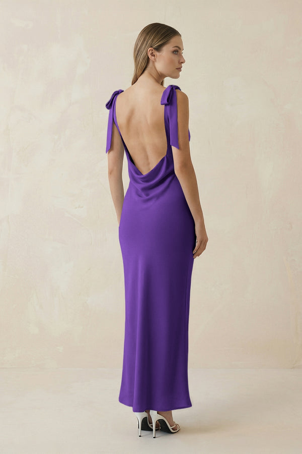 Bateau Neck Sheath Satin Midi Bridesmaid Dress With Bow in Amethyst - KissProm Bridesmaid Dresses