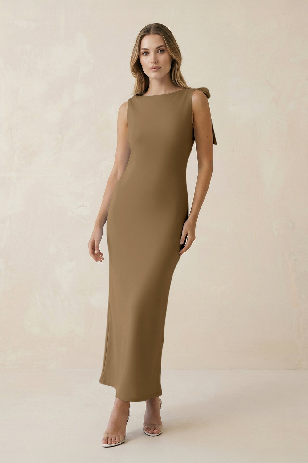 Bateau Neck Sheath Satin Midi Bridesmaid Dress With Bow in Apple Cinnamon - KissProm Bridesmaid Dresses