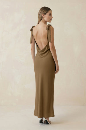 Bateau Neck Sheath Satin Midi Bridesmaid Dress With Bow in Apple Cinnamon - KissProm Bridesmaid Dresses
